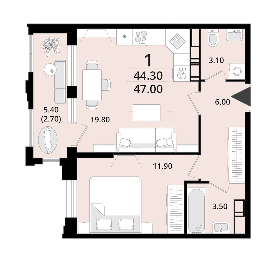 1-комнатная квартира 47 м², 9/13 эт., ЖК «Тайм Сквер»